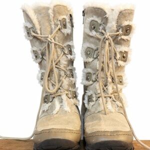 Nine West Faux Fur Winter Boots Girls Youth 4 Tan Suede Lace Up Side Zip